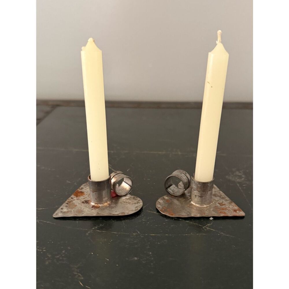 Vintage 2 Mini Crimped Heart Candle Holder Tin Decor Chamberstick Primitive